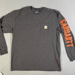 Carhartt Mens Long Sleeve Pocket T Shirt Gray Sleeve Logo Loose Fit Size Large